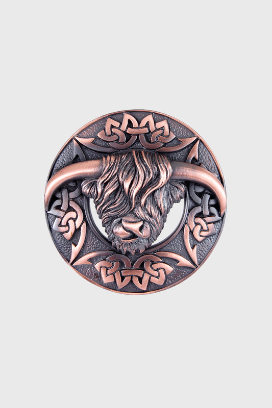 Highland Coo Plaid Brooch - Chocolate Bronze Finish