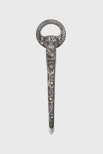 Highland Coo & Thistles Pewter Kilt Pin - Matt