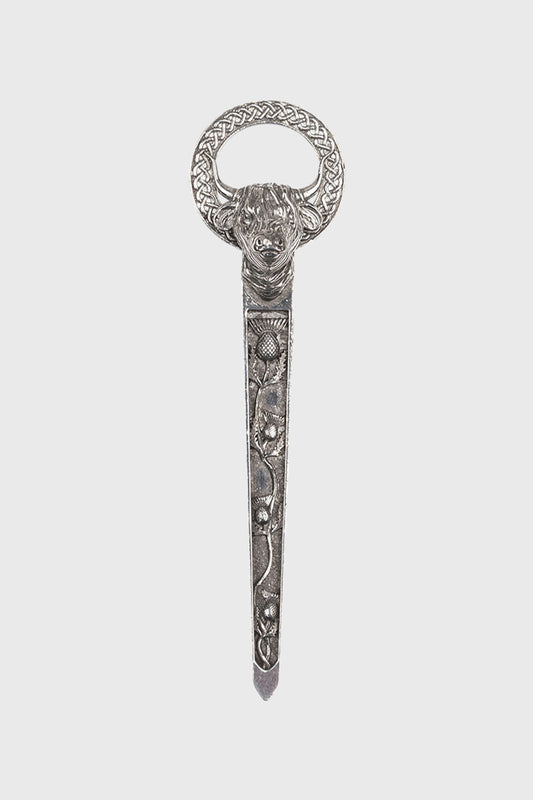 Highland Coo & Thistles Pewter Kilt Pin - Polished