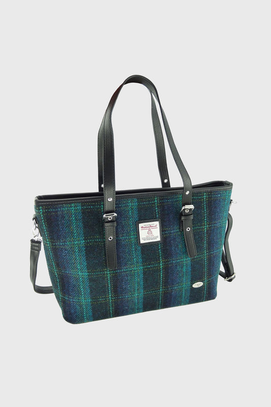 Harris Tweed Spey Tote Bag - Blue with Turquoise Overcheck