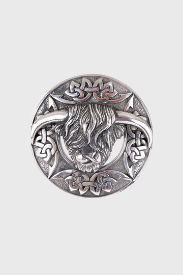 Highland Coo Plaid Brooch - Chrome Finish