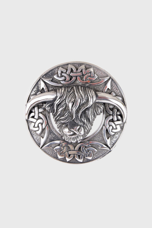 Highland Coo Plaid Brooch - Chrome Finish